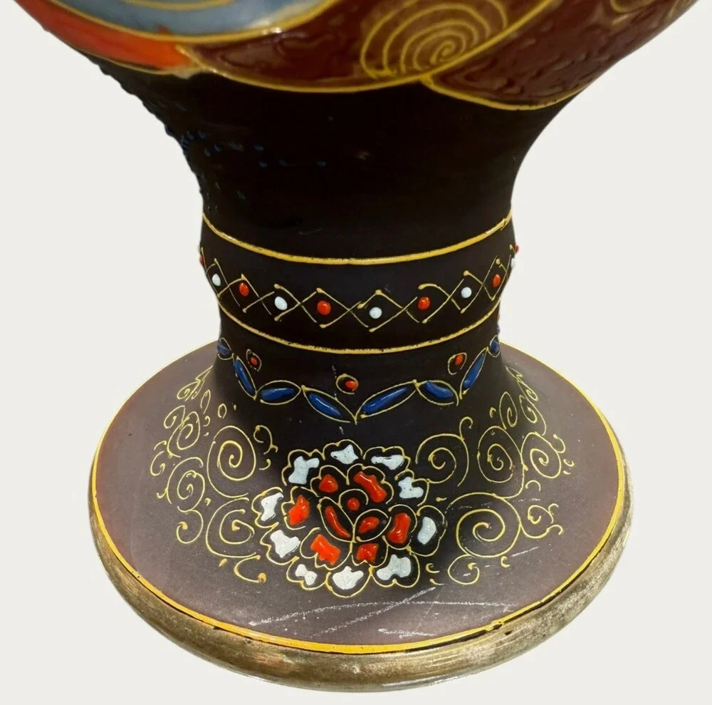 Vintage Japanese Satsuma Moriage Pedestal Vase Figural Gilt 12.25